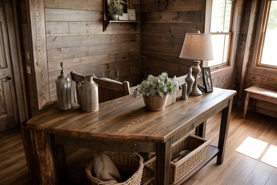 Completed DIY farmhouse console table styled in a home entryway.