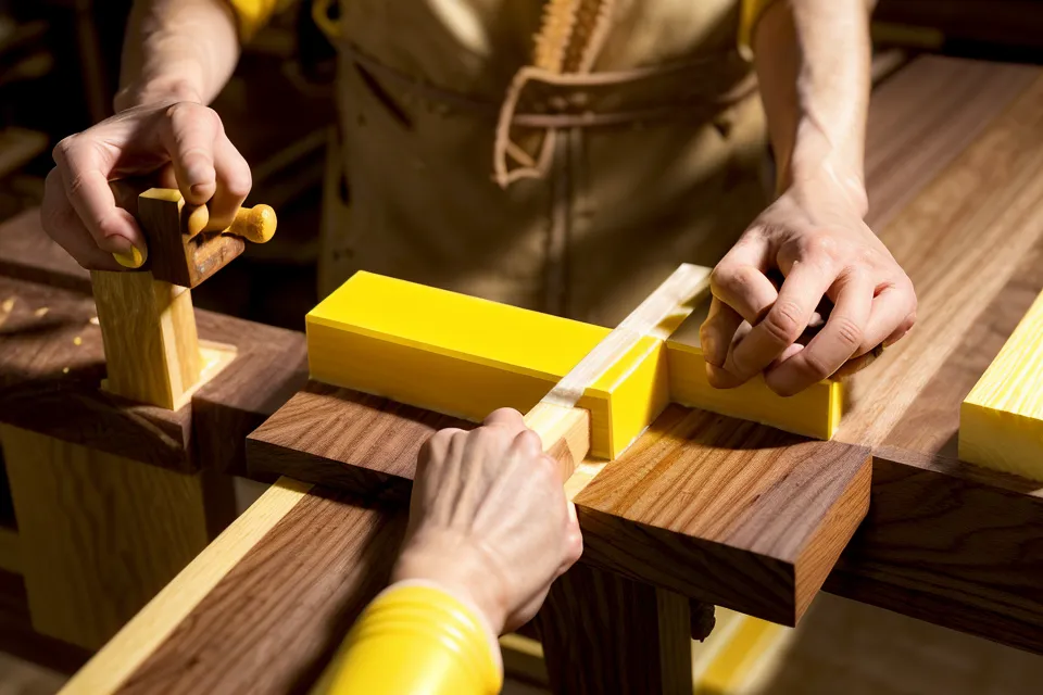 Close-up of wood glue being applied to a walnut furniture joint.