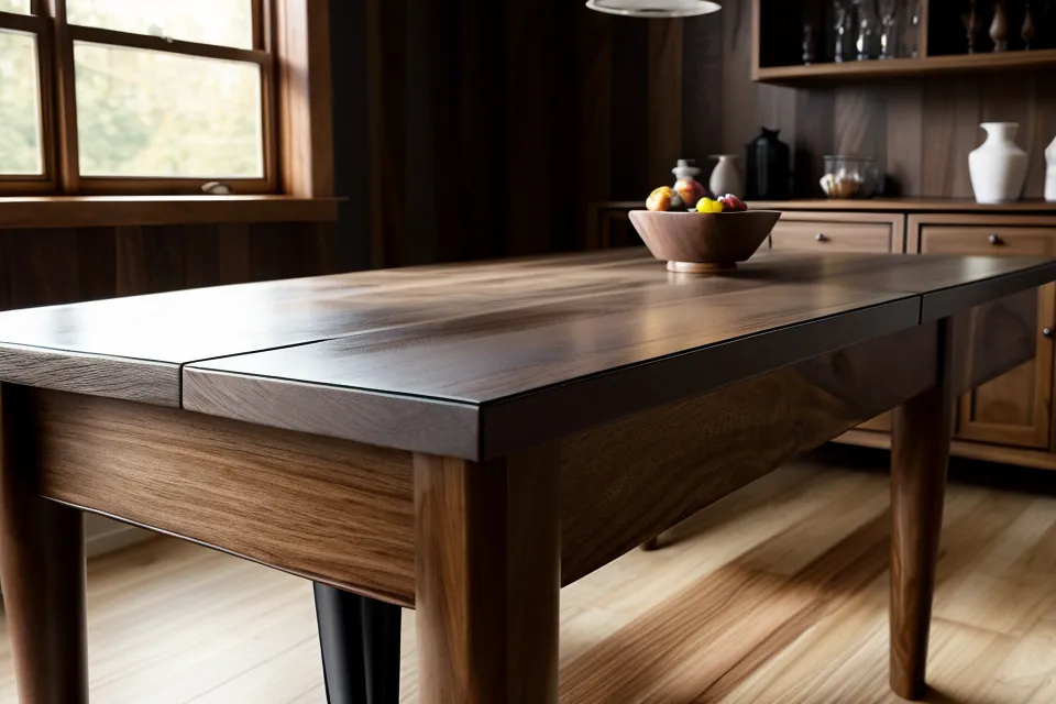 A finished walnut dining table showing professional joinery and a smooth finish.