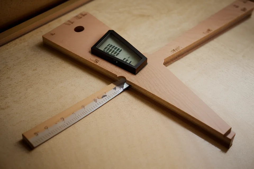 Measuring nominal hardwood plywood thickness with calipers against workshop plans