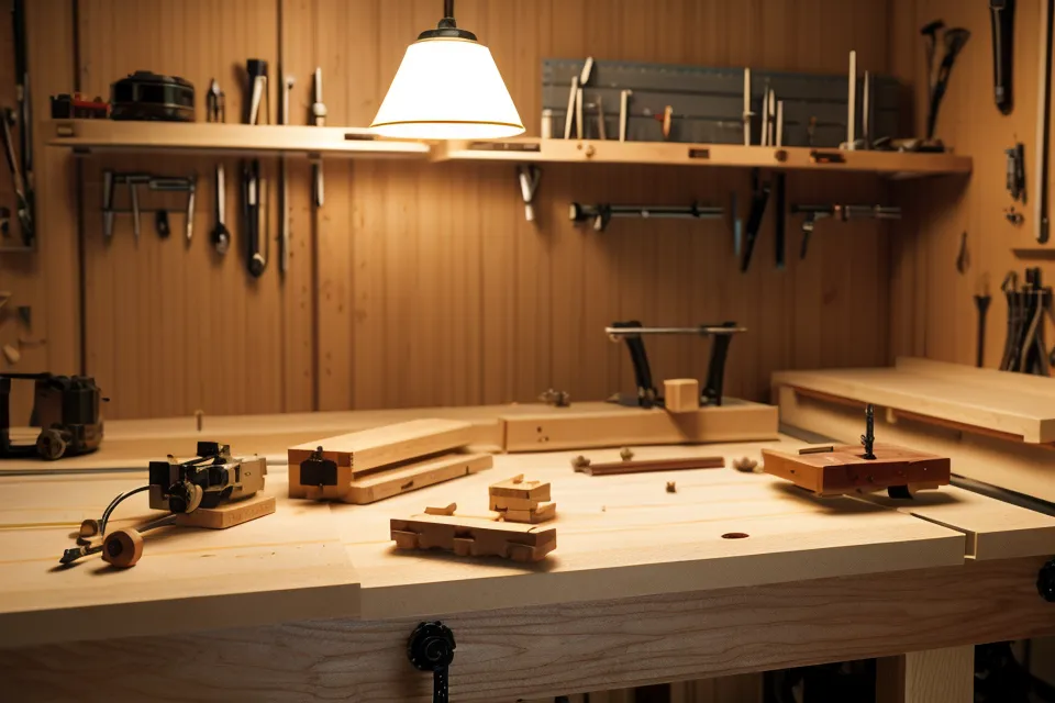 Close-up of drilling pocket holes into white oak for a nightstand build