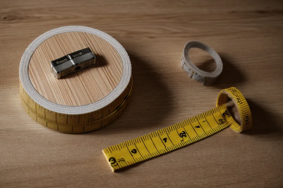 Close-up of a tape measure on plywood showing 23/32 inch thickness