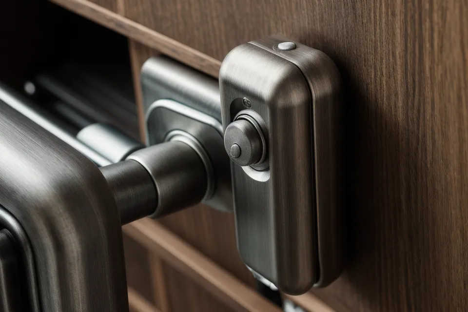 Retractable lever-arm roller mounted to a wooden workbench leg