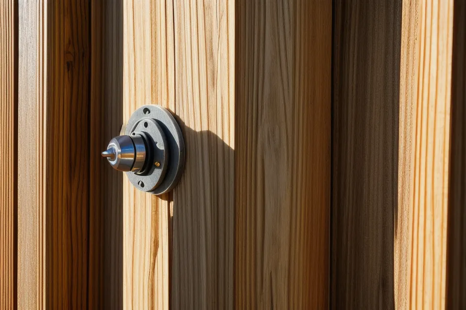 Close-up of a cordless drill driving a screw into cedar planks for a generator shed.