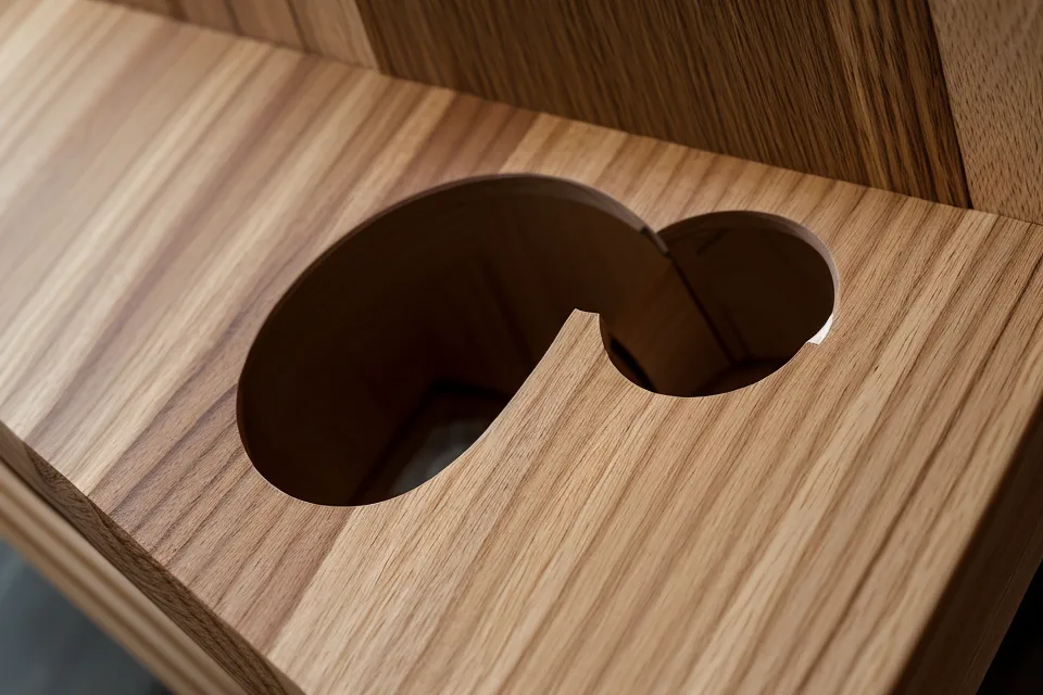 Close-up view of pocket hole joinery in a wooden furniture frame.