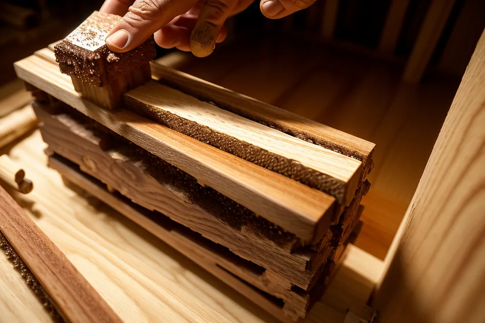 Close-up of a wood shaving being used to shim a loose tenon joint.