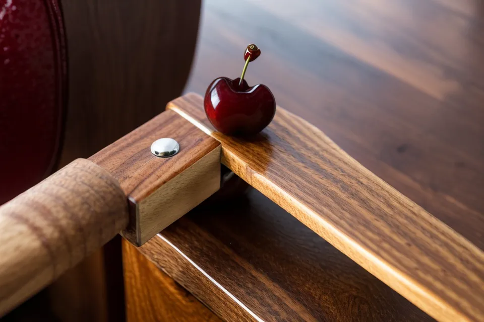 A Dutchman patch being inserted into a gap in a wood joint.