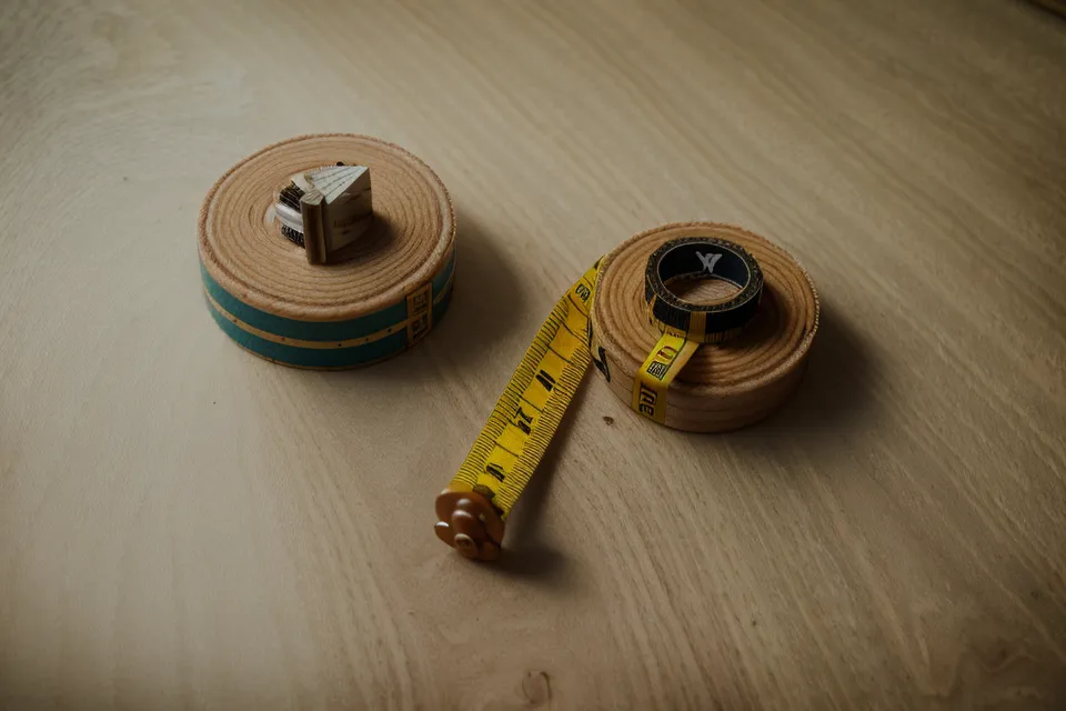 Measuring 12 inches on an oak plywood board for a dog feeder project.
