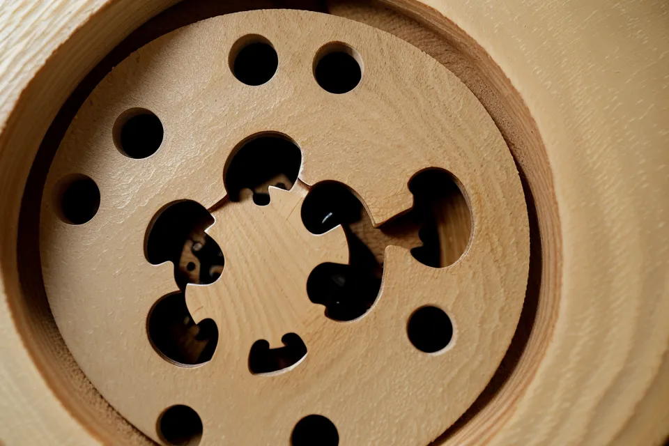 A jigsaw cutting a circular bowl hole in an oak plywood board.