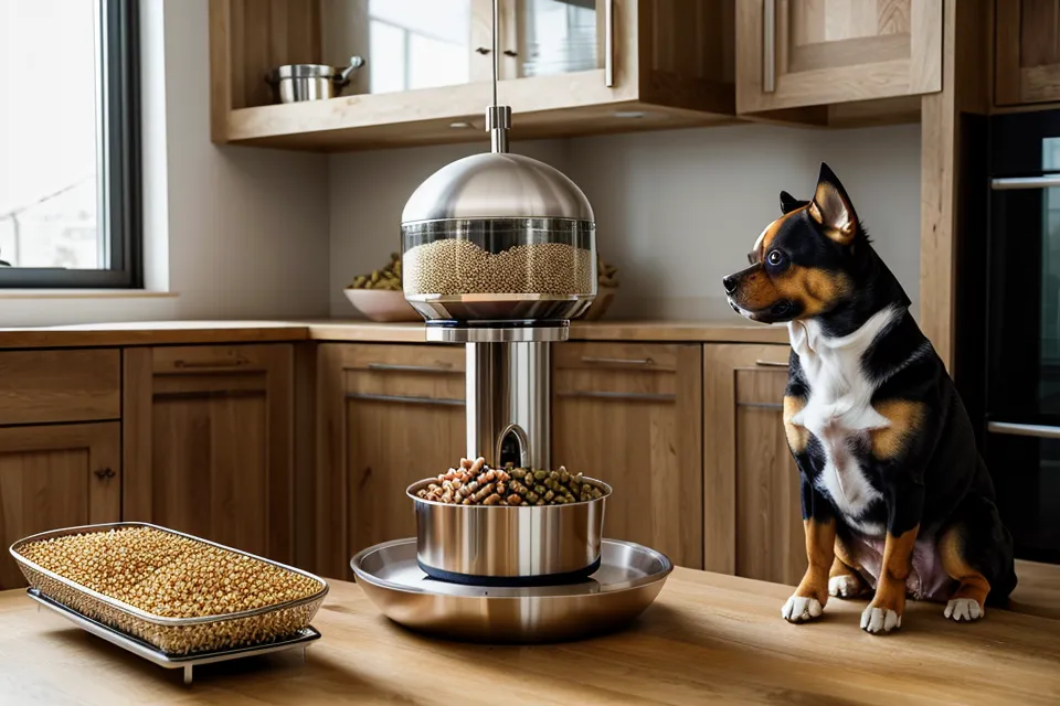 The finished DIY elevated dog feeder with stainless steel bowls in a kitchen.