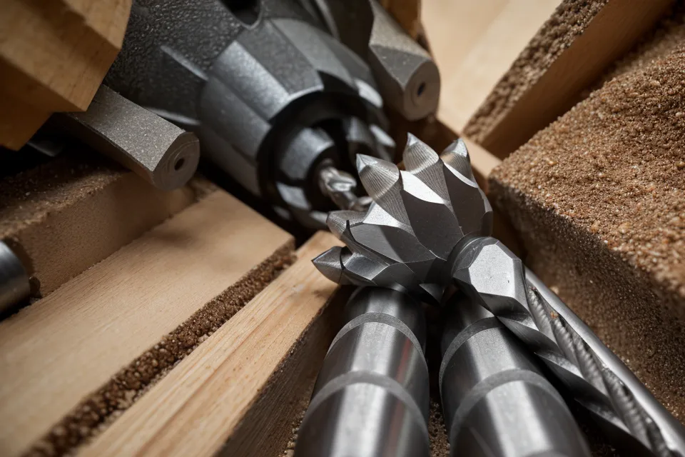 Close-up of a 3/8 inch stepped woodworking drill bit on plywood.
