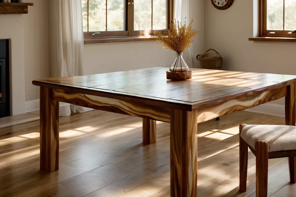 Finished handmade wooden dining table built using pocket hole joinery.