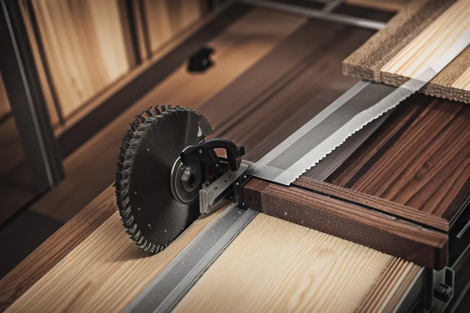 Close-up of a table saw riving knife installed behind a 10-inch blade.