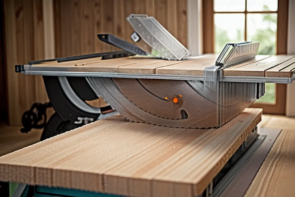A long wooden board being safely supported by an outfeed table during a cut.