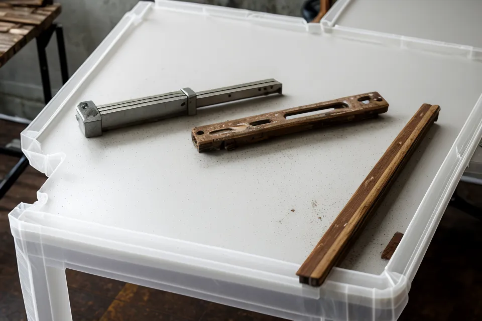 A flimsy plastic folding table buckling under the weight of woodworking tools.