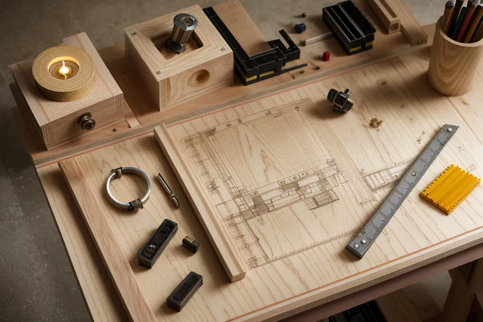 Professional woodworking plans with a tape measure and pencil on a shop surface.