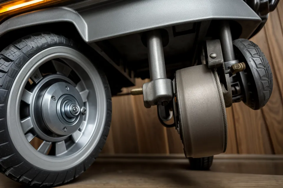 Close-up of a heavy-duty locking caster on a DIY workbench leg.