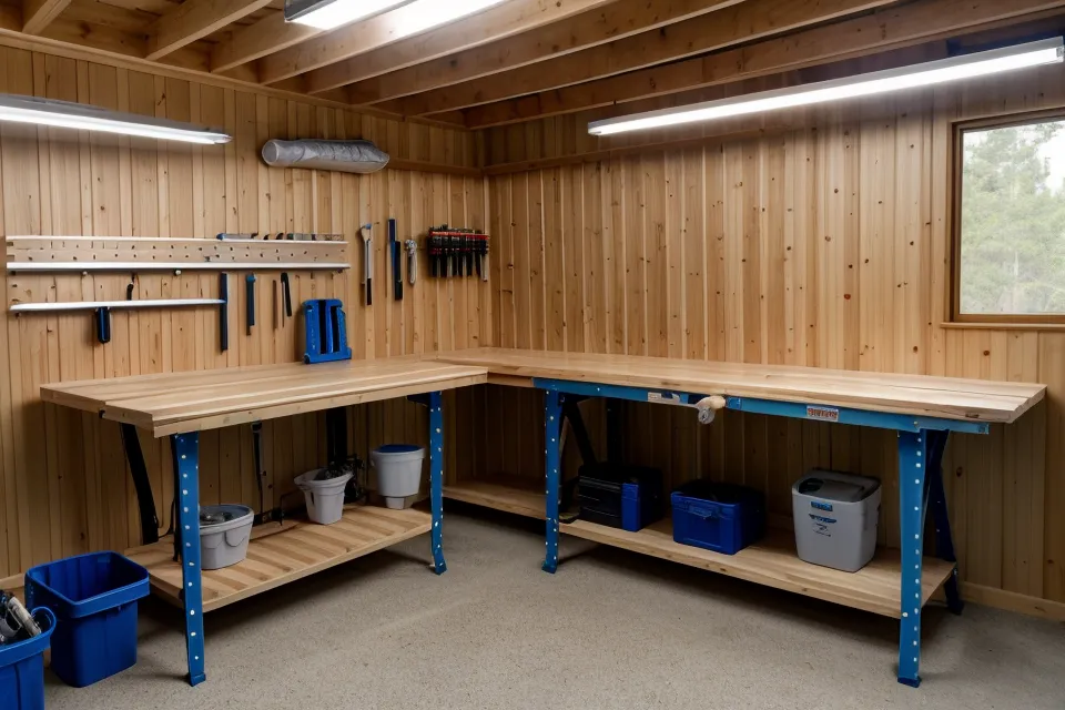 Finished DIY workbench being used as an outfeed table for a table saw.