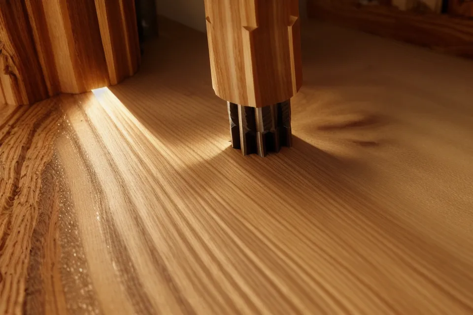 A router creating a decorative chamfered edge on a cedar board.