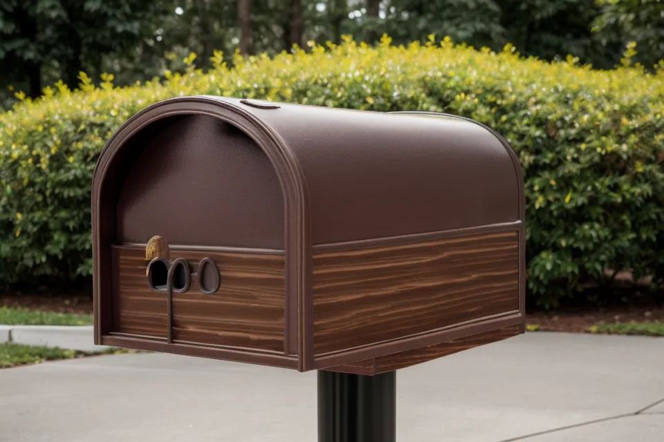 A finished decorative cedar mailbox post standing straight in a suburban driveway.