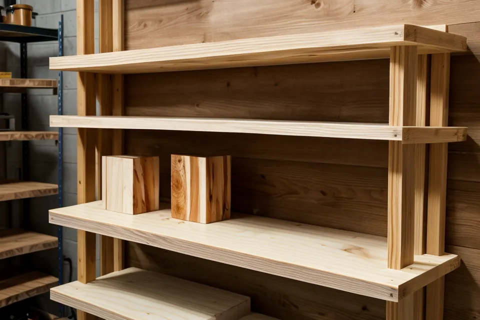 Close-up of a wooden internal frame made from 2x4 lumber for a floating shelf.
