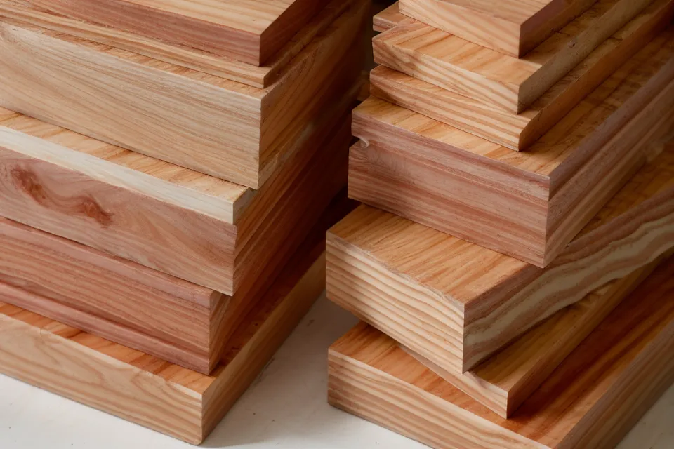 Close up of cedar lumber and woodworking plans on a workshop table.