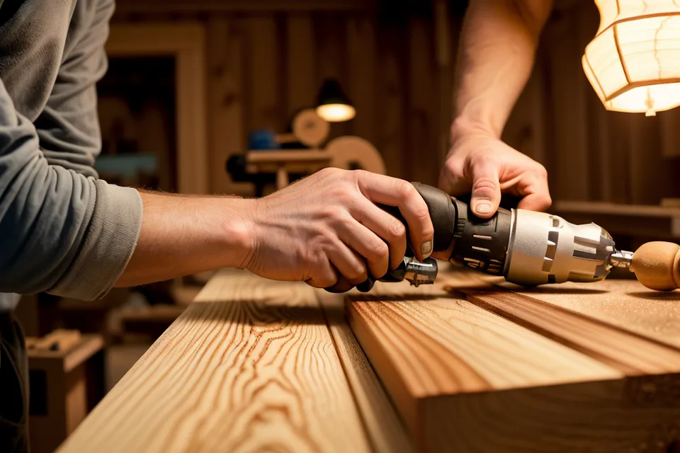 Close up of a person drilling pilot holes into a wooden bench joint.