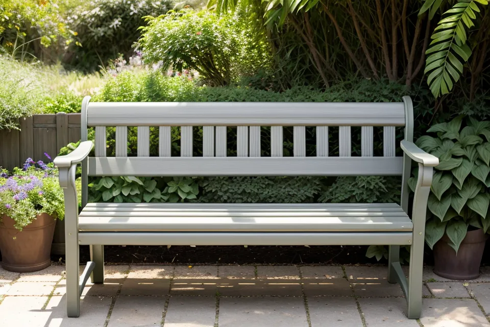 A finished DIY garden bench with grey frame and cedar slats in a backyard.