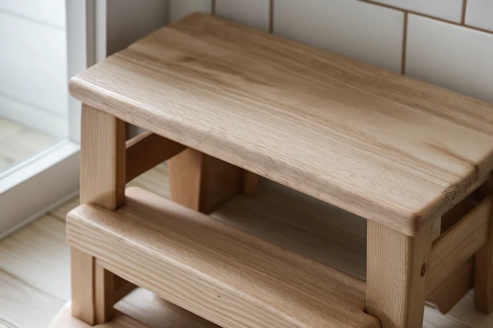Finished DIY pine step stool being used in a home bathroom.