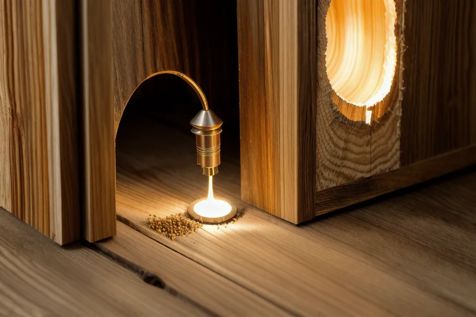 Close-up of pocket hole joinery being prepared for a kitchen island frame.