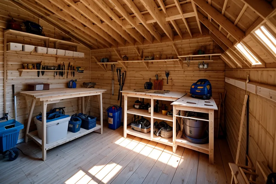 Close-up of the wooden framing for a DIY shed showing 16-inch stud spacing.