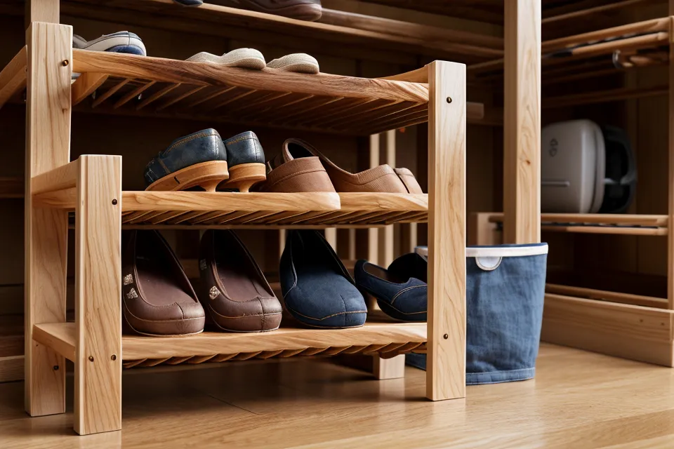 Close-up of a notched modular shelf joint on a DIY shoe rack.