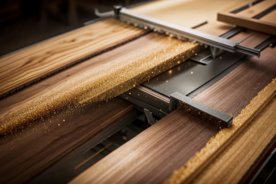 Close-up of a table saw blade cutting a 1/8 inch kerf in walnut wood.