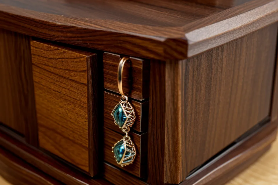 Detailed view of decorative corner splines on a wooden jewelry box.