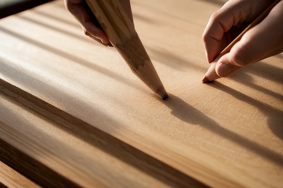 Close-up of the pencil trick being applied to maple wood before sanding.