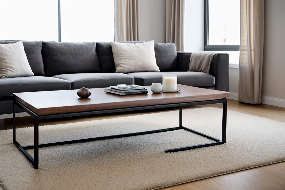 Finished DIY modern walnut coffee table in a suburban living room
