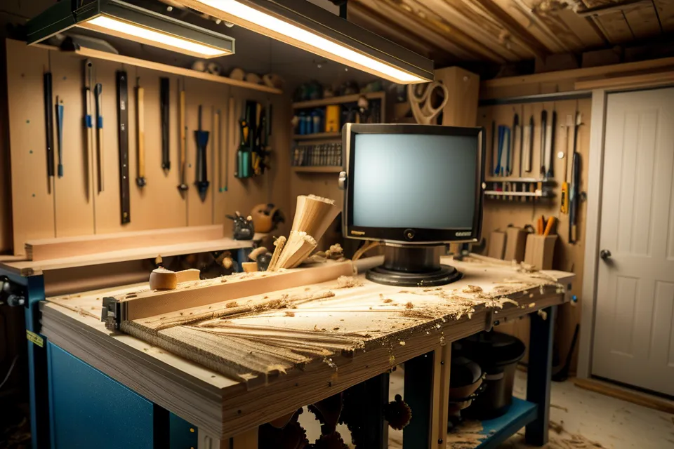 Woodworking plans on a computer screen next to shop tools on a workbench.
