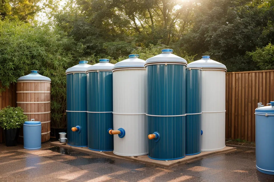 A DIY rainwater harvesting system built with barrels and PVC in a backyard.