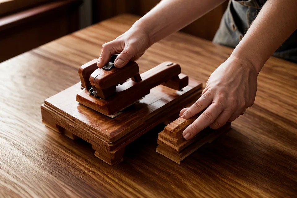 Hand plane smoothing a piece of cherry wood producing thin shavings