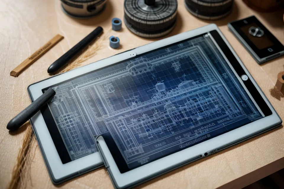 A digital woodworking plan displayed on a tablet in a dusty workshop.
