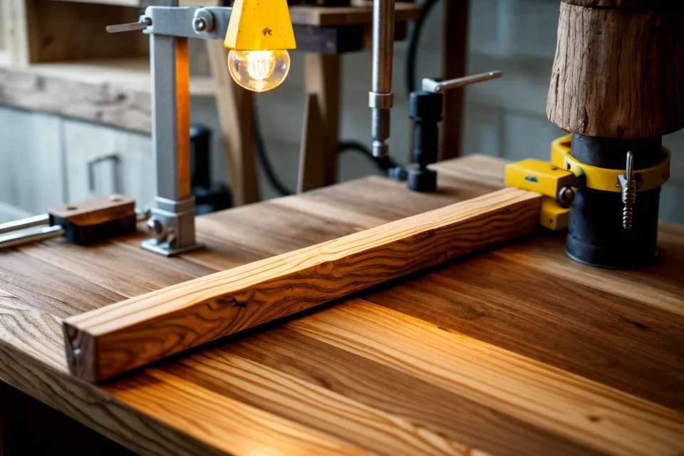 Close-up of wood joinery with clamps and glue in a workshop.