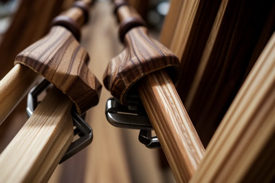 Close-up of walnut and maple wood strips being clamped during a glue-up