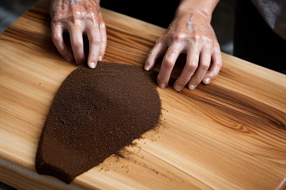 Applying mineral oil to a walnut cutting board to reveal the wood grain