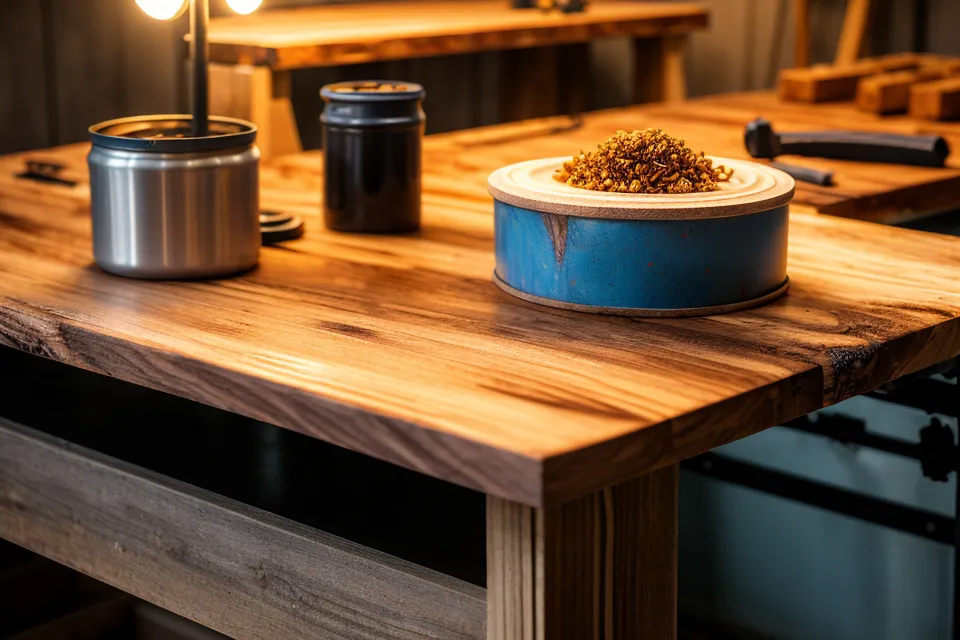 Close-up of wood grain with a fresh coat of thinned polyurethane finish.